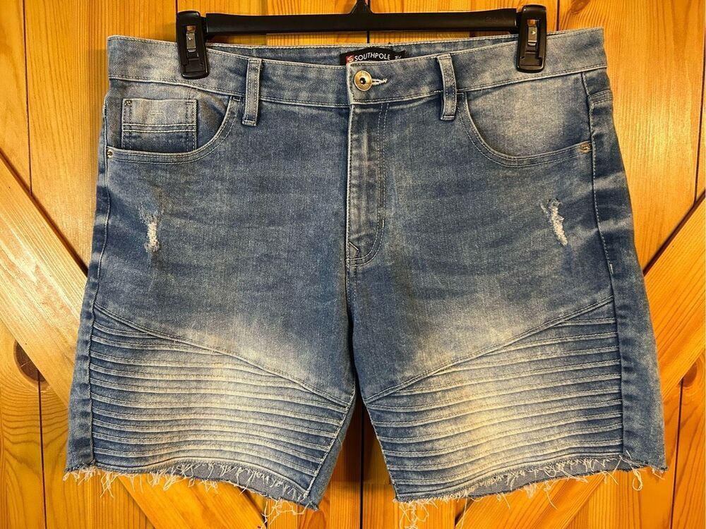 SouthPole South Pole Shorts Men Size 34 Slim Blue Denim Distressed (0418)
